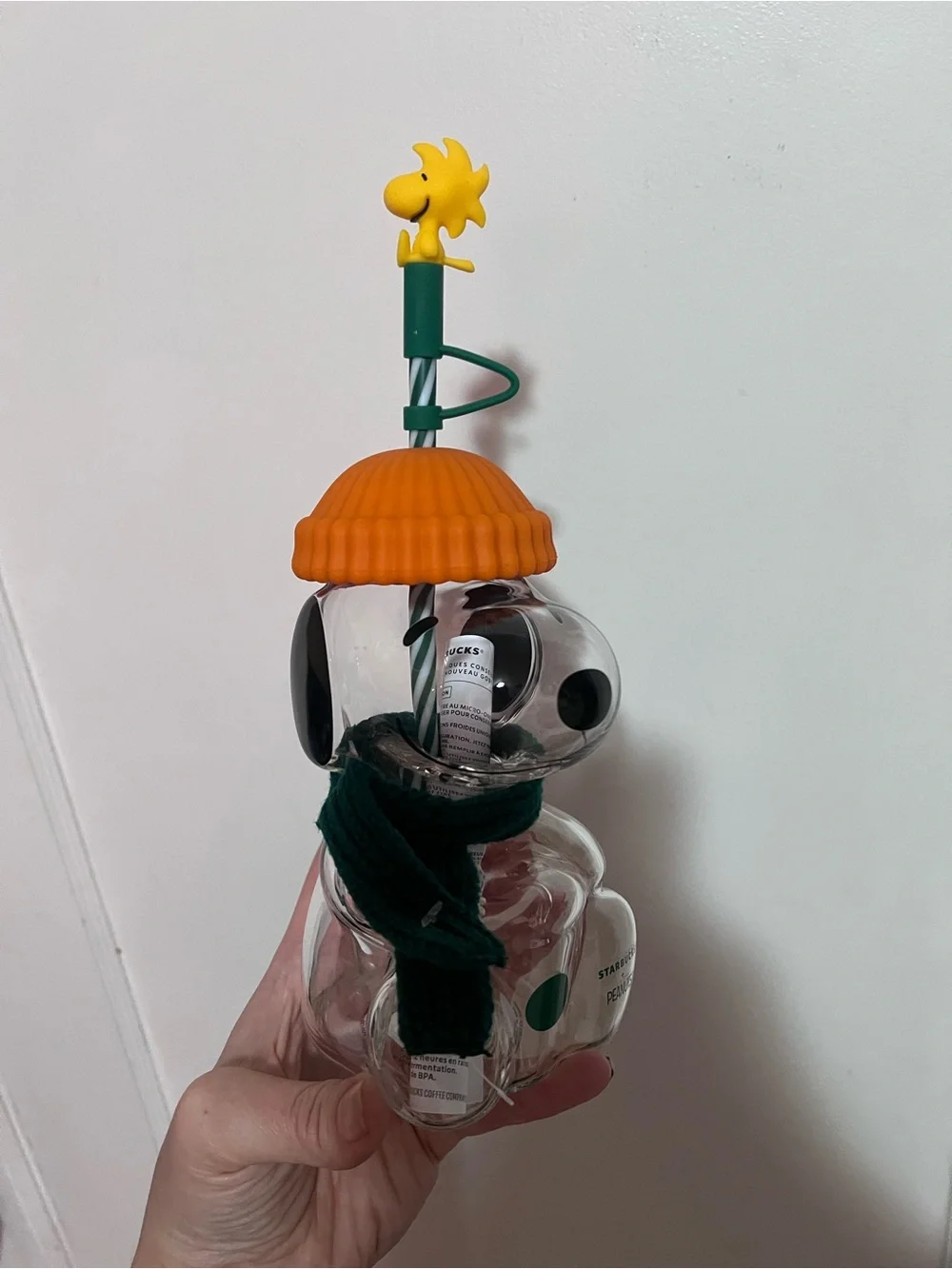 Starbucks Peanuts Snoopy Glass Snowman Tumbler - Green & Orange